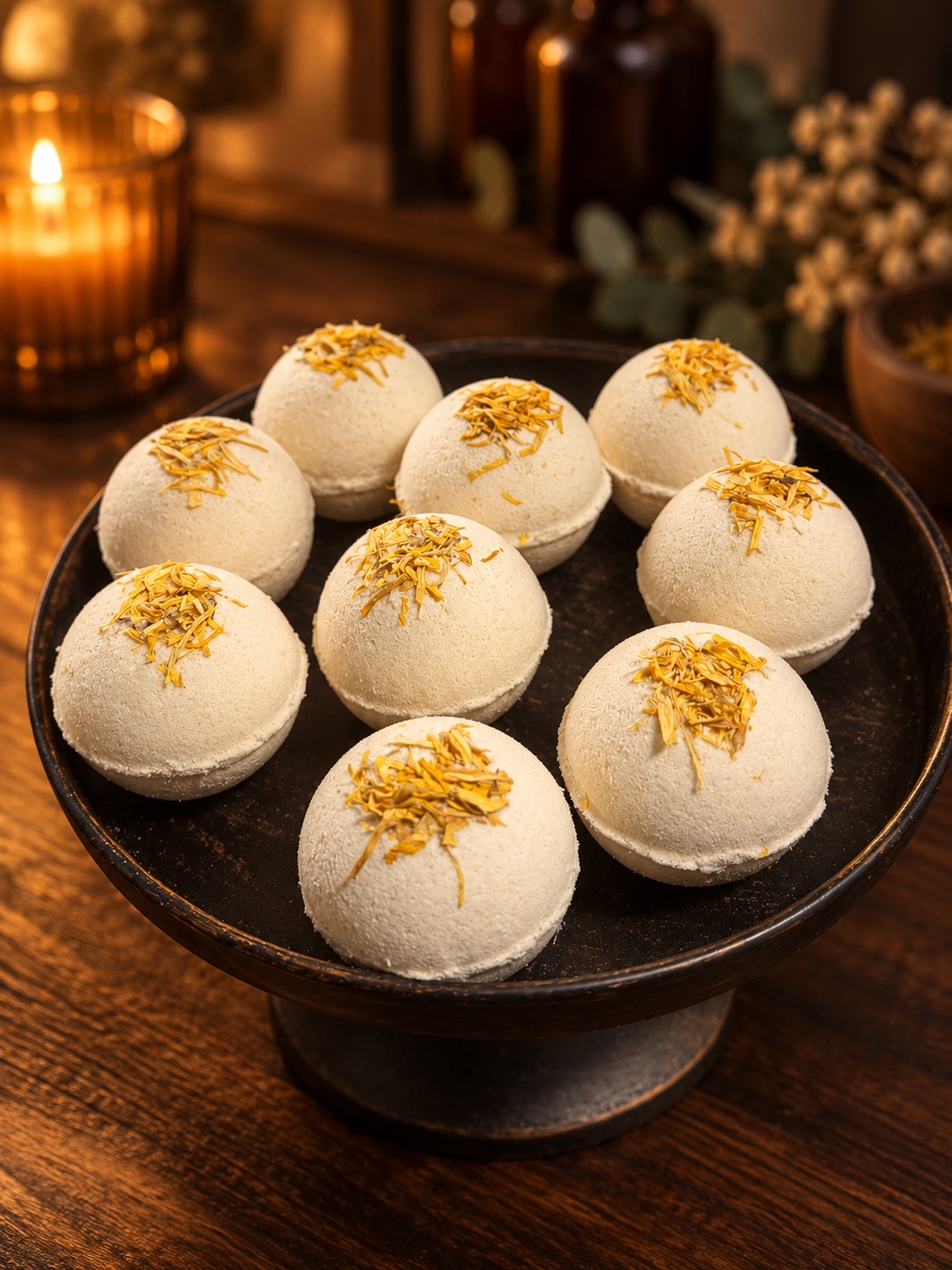 Cream-colored Golden Focus bath bombs on a black pedestal in warm amber light